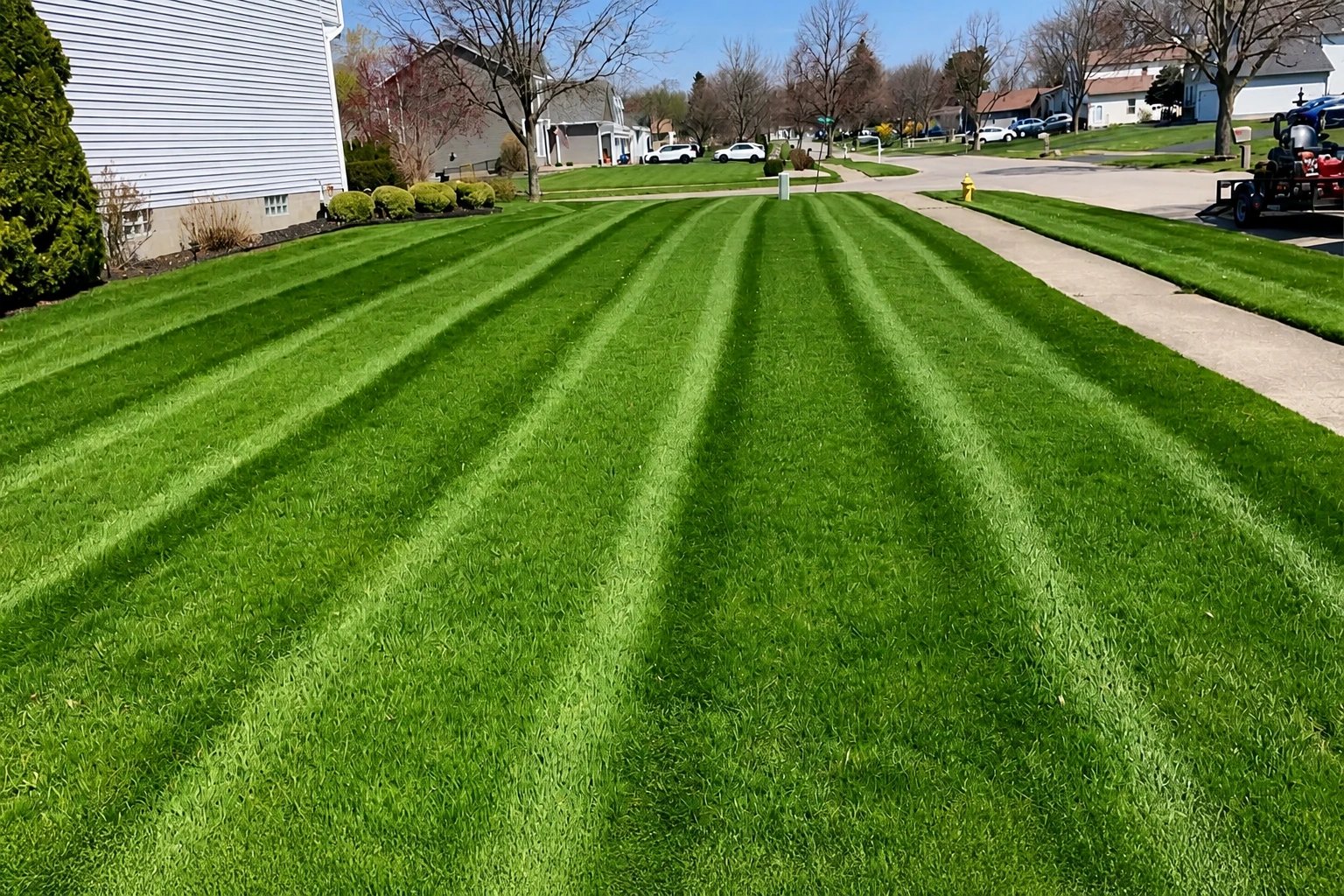 Freshly striped lawn mowed by Dunn Lawn Service in Spencerport, NY